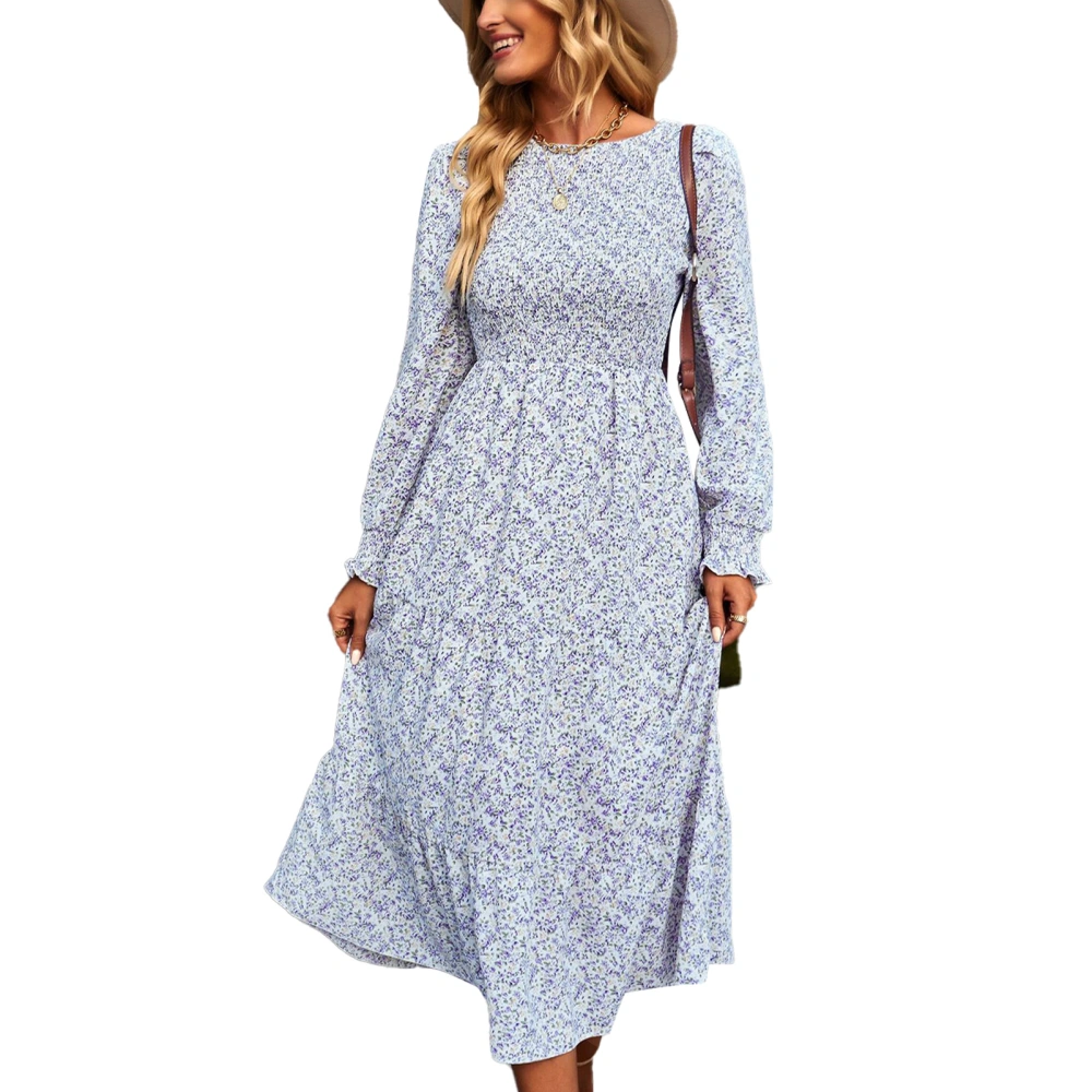 Floral High Waist Dress Long Sleeve Stretchy Round Neck Polyester Fiber Midi Dress for Dating White XL