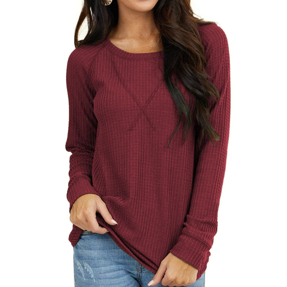 Women Long Sleeve Top Round Neck Off Shoulder Pure Color Loose Fit Lady Casual Shirt for Work Dating Wine Red XXL