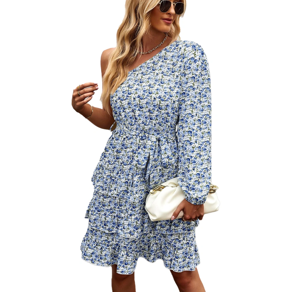 Women Dress Sloping Shoulder Long Sleeve One Piece Floral Pattern for All Seasons Blue L