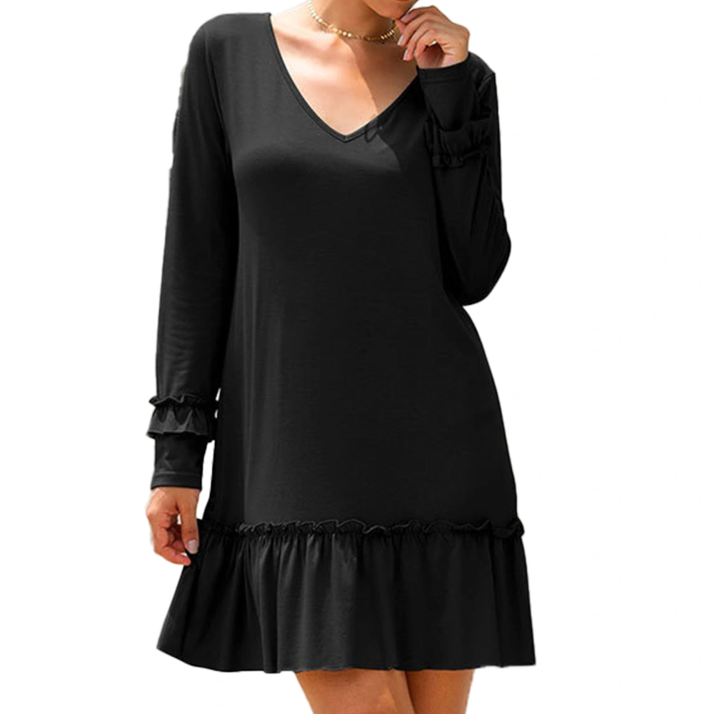 V Neck Dress Pure Color Long Sleeve Ruffle Loose Casual Women Dress for Holiday Club Date Work Vacation Black XL