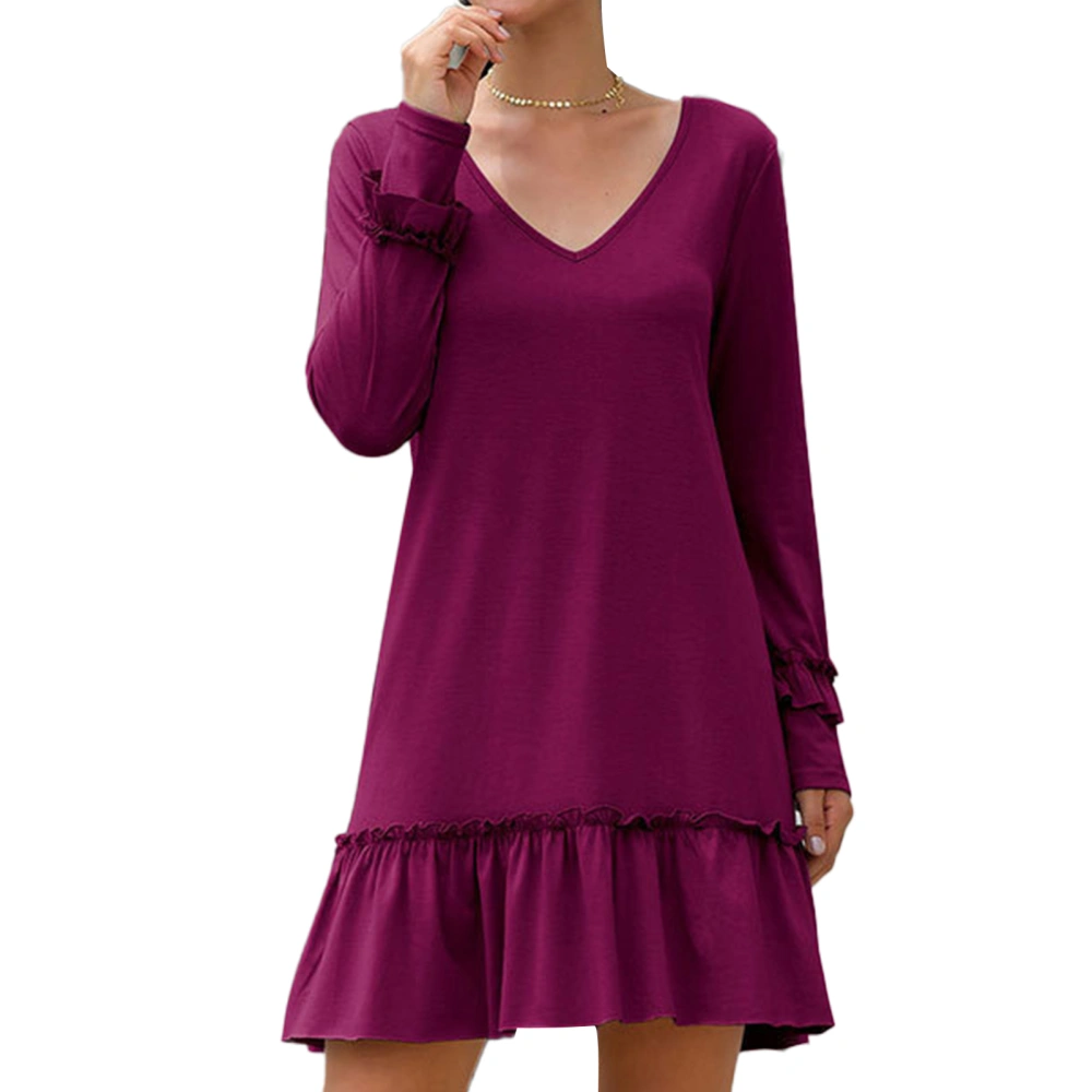 V Neck Dress Pure Color Long Sleeve Ruffle Loose Casual Women Dress for Holiday Club Date Work Vacation Rose Red S