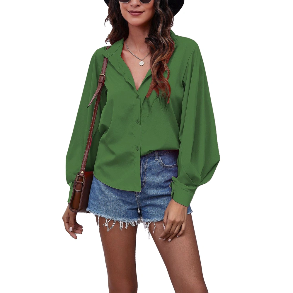 Collared Lantern Sleeve Blouse Top Women Pure Color V Neck Button Down Shirt for Daily Wear Green M