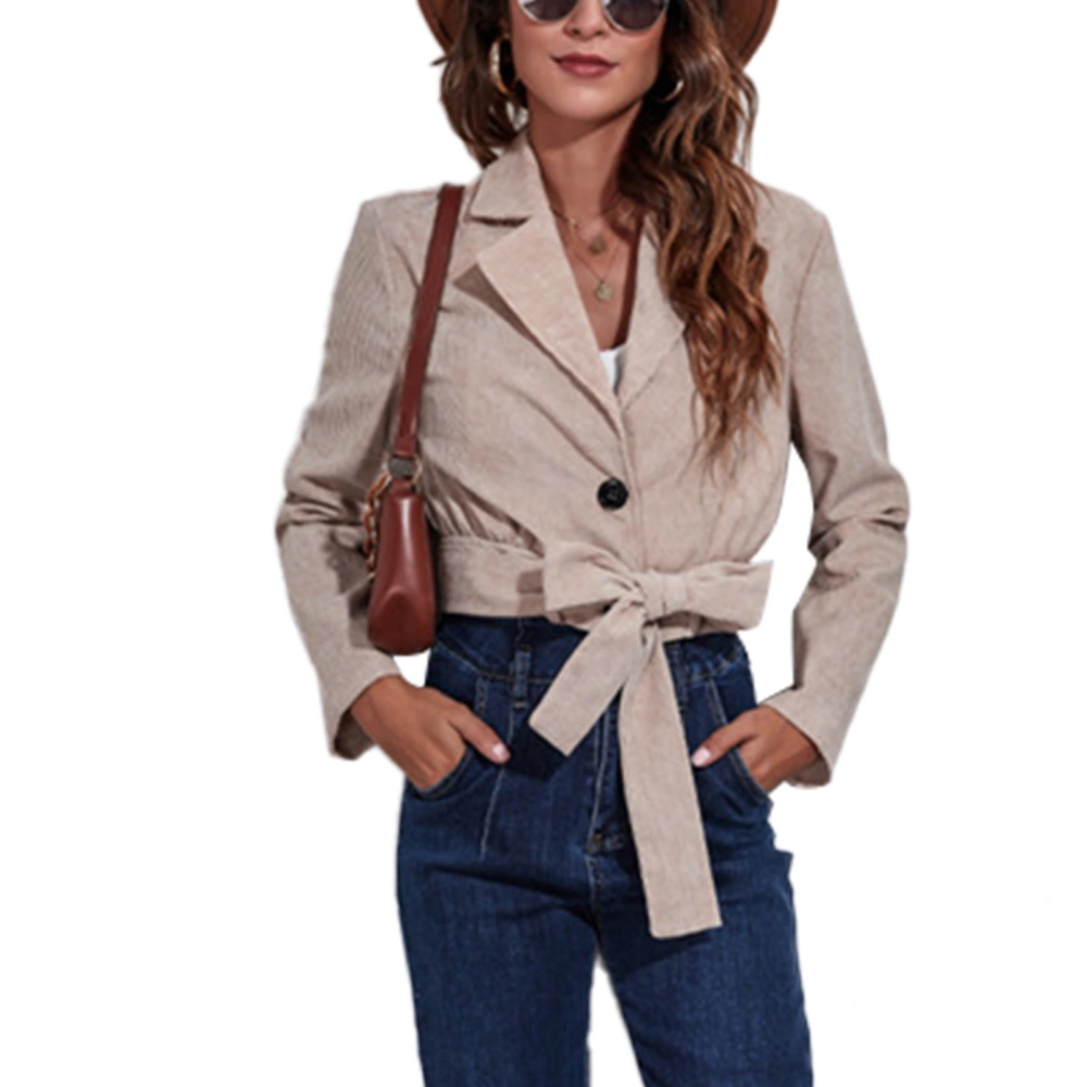 Women Short Jacket Corduroy Long Sleeve Button Front Turn Down Collar Shacket Coat with Belt Khaki S