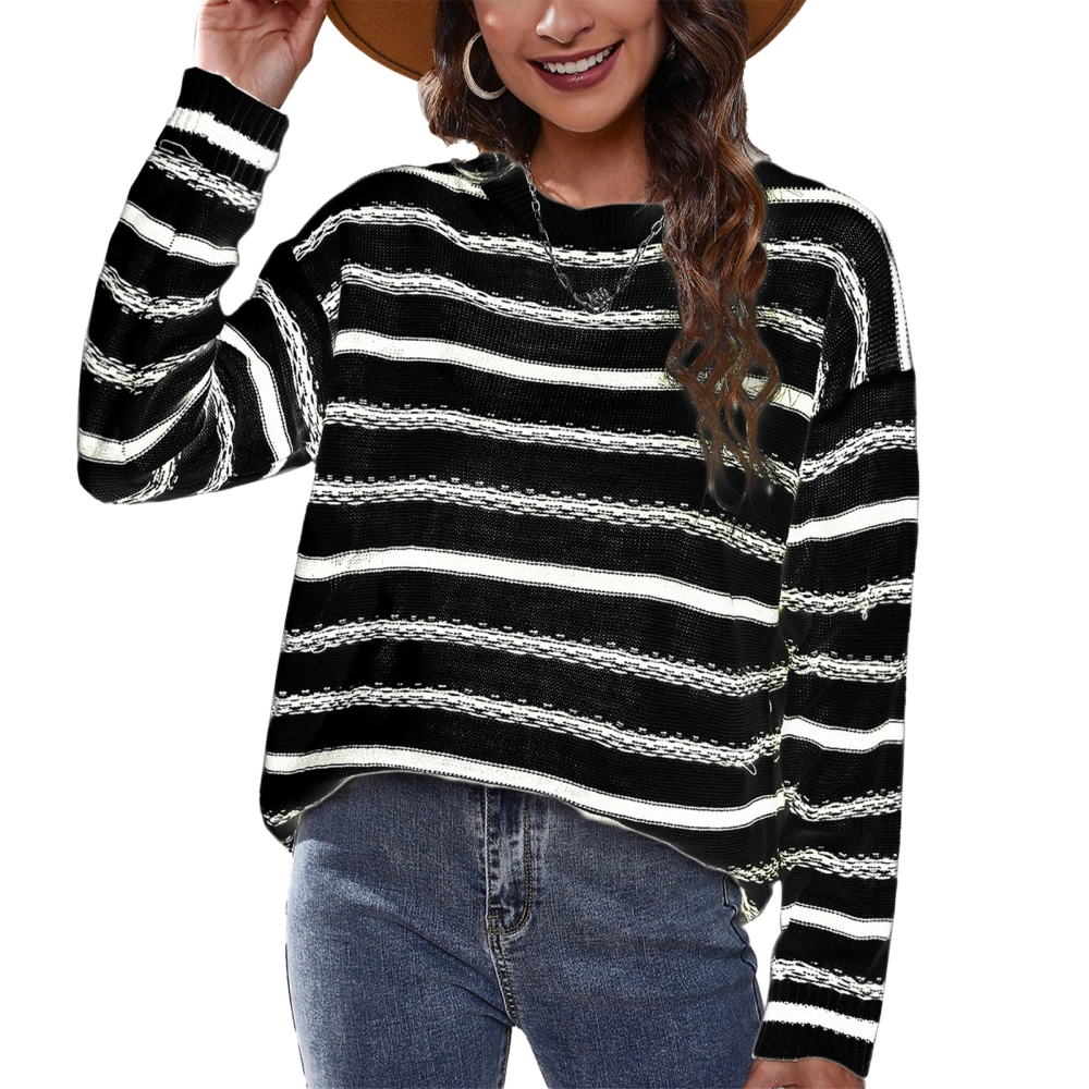 Women Round Neck Sweater Striped Long Sleeve Sweater Drop Shoulder Sweater Casual Loose Fit Pullover Sweater Black L