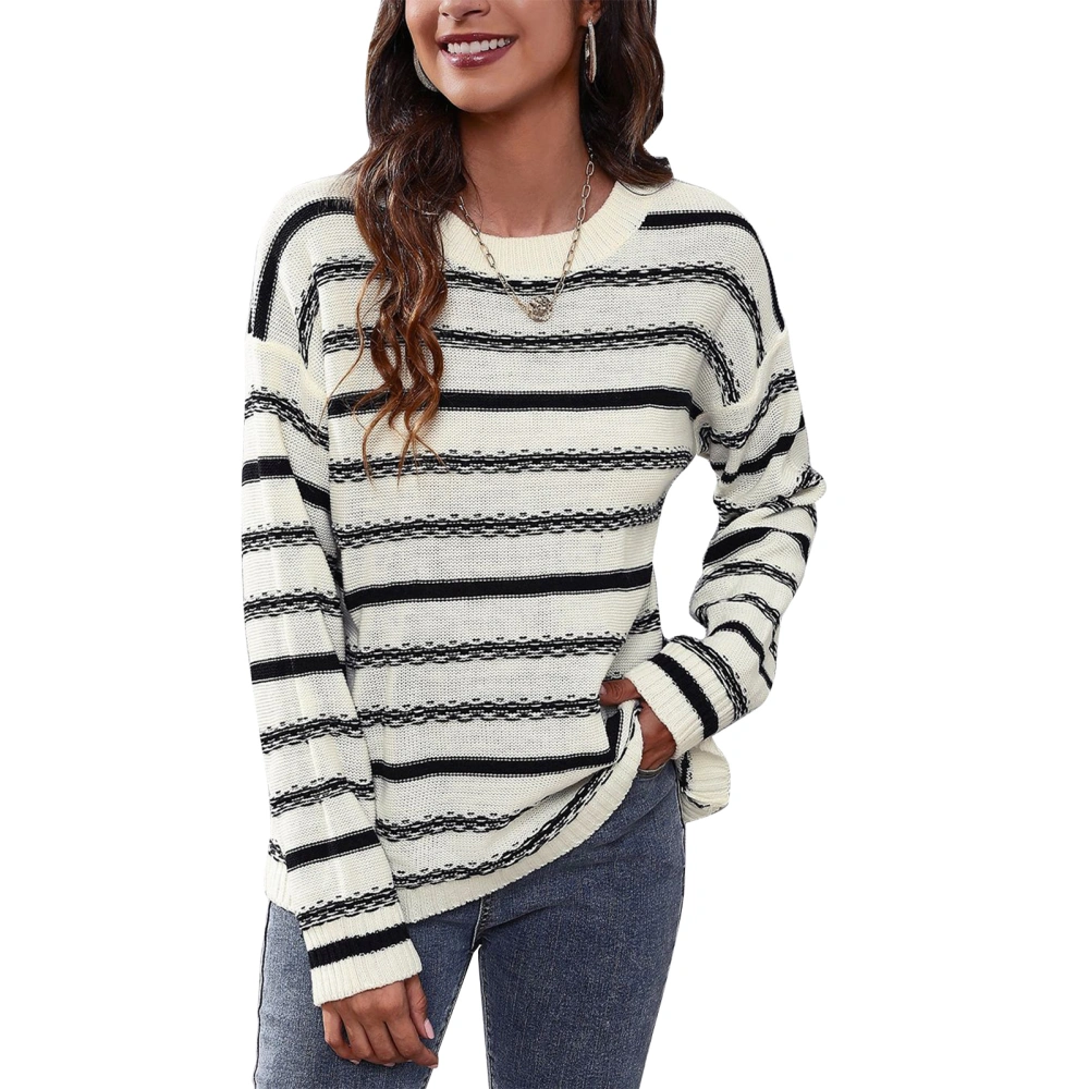 Women Round Neck Sweater Striped Long Sleeve Sweater Drop Shoulder Sweater Casual Loose Fit Pullover Sweater Apricot M