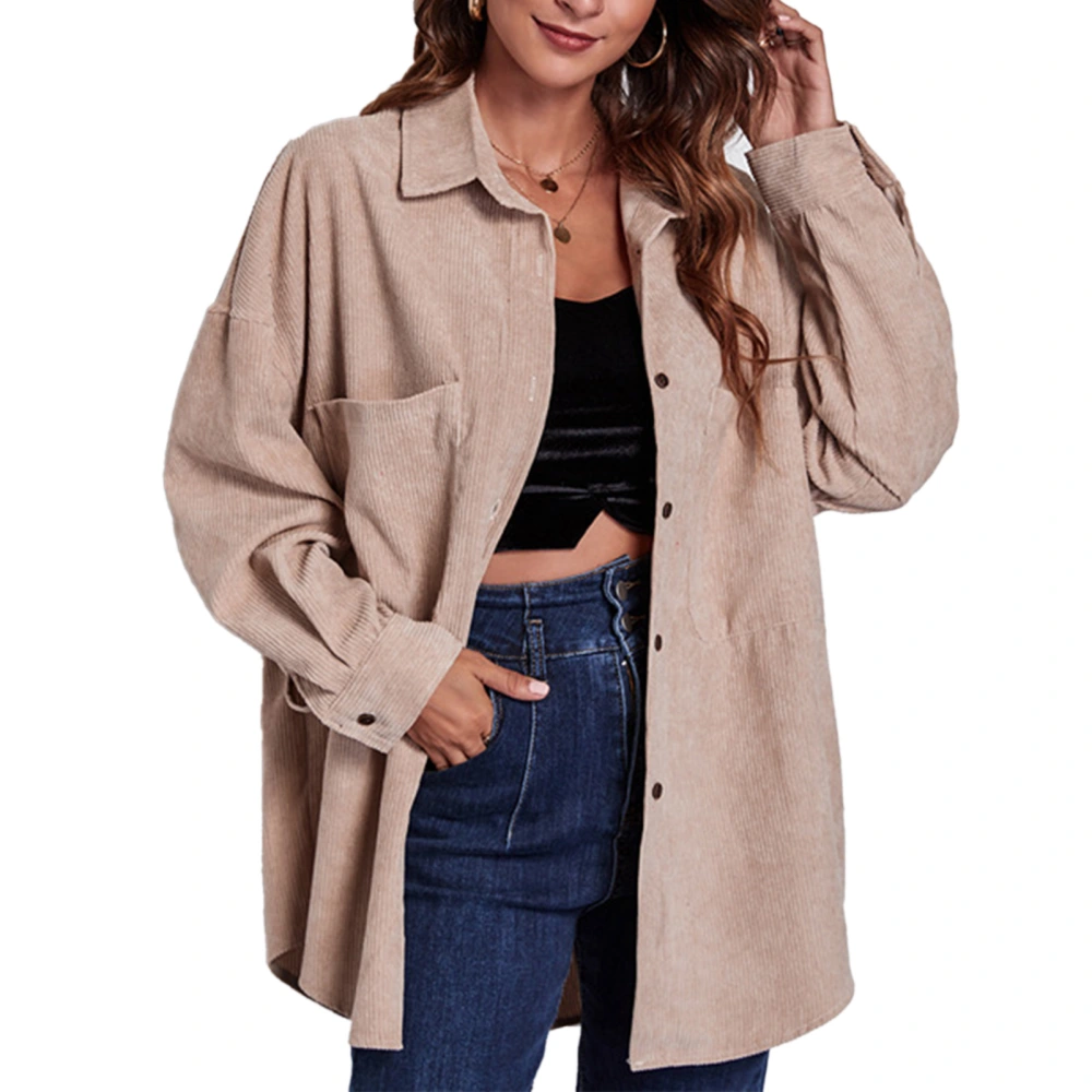 Women Loose Mid Length Shirt Corduroy Button Down Jacket Paneled Drop Shoulder Long Sleeve Coat Khaki S