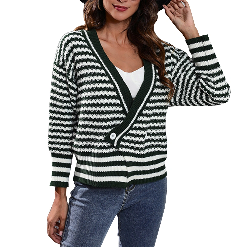 V Neck Long Sleeve Knit Cardigan Women Loose Casual Stylish Striped Button Cardigan Sweater for Daily Work Green M