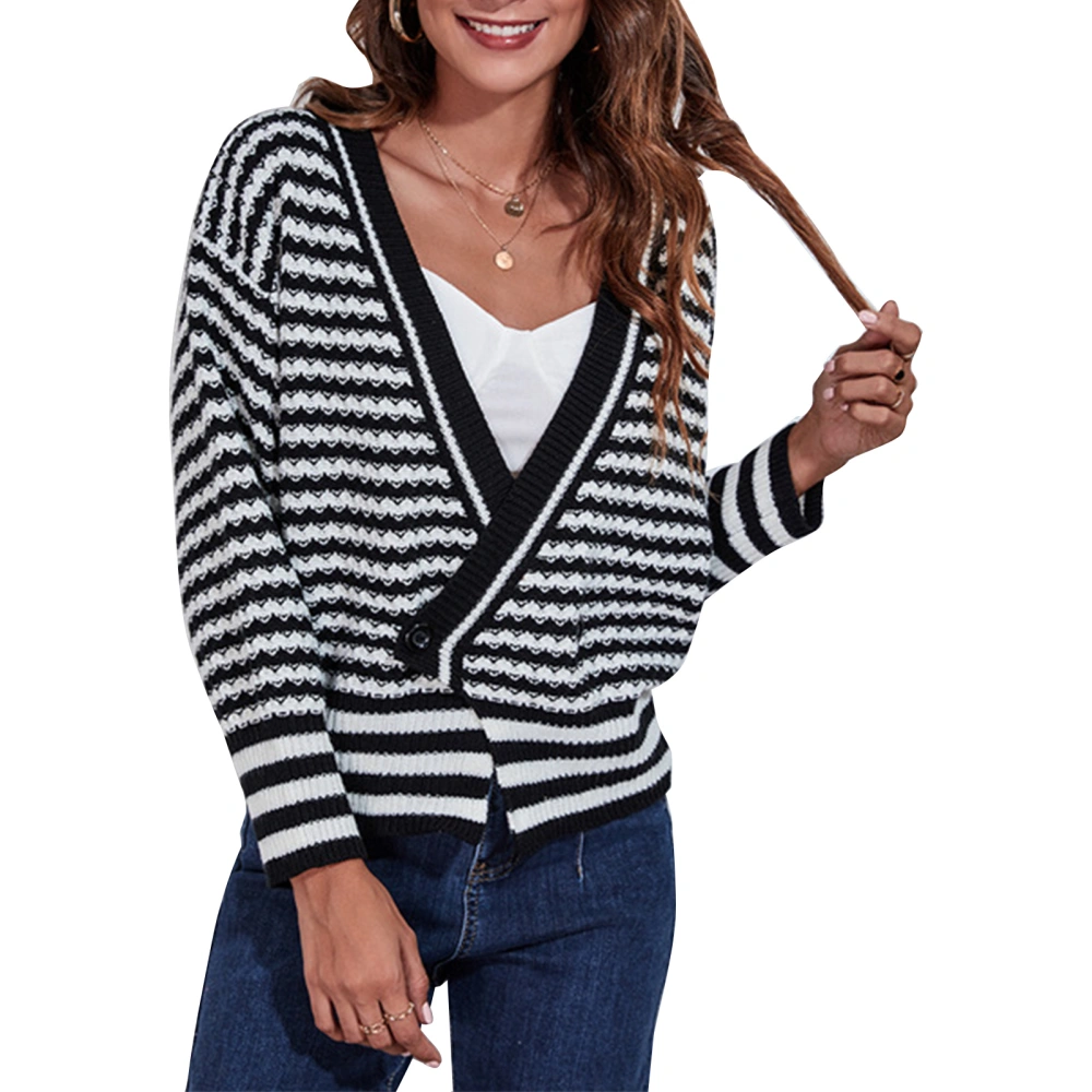 V Neck Long Sleeve Knit Cardigan Women Loose Casual Stylish Striped Button Cardigan Sweater for Daily Work Black S