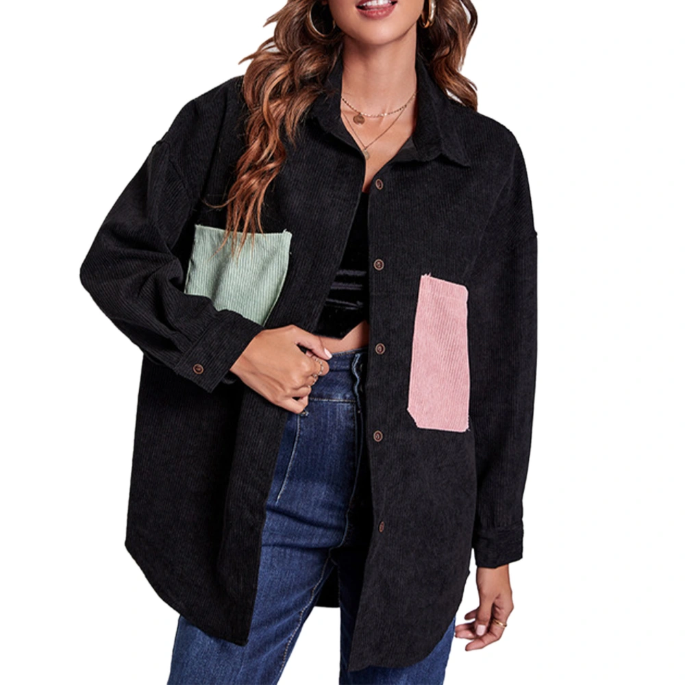 Women Loose Mid Length Shirt Corduroy Button Down Jacket Paneled Drop Shoulder Long Sleeve Coat Pink Green Patchwork Pocket L