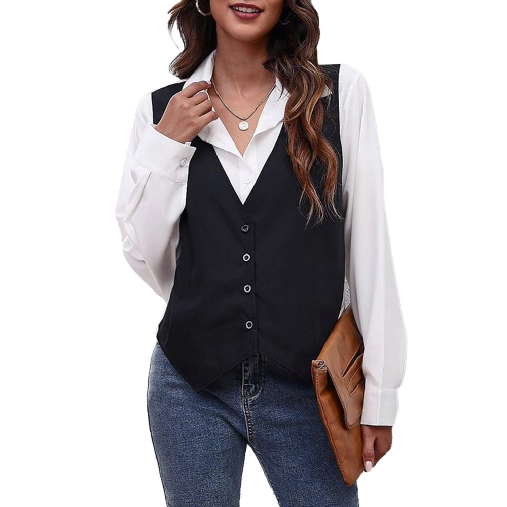 Women Blouse Casual V Neck 2 in 1 Long Sleeve Turn Down Collar High Low Hem Business Top Black Vest S