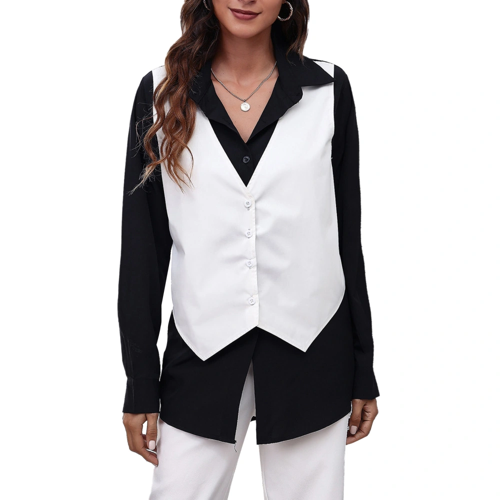 Women Blouse Casual V Neck 2 in 1 Long Sleeve Turn Down Collar High Low Hem Business Top White Vest M