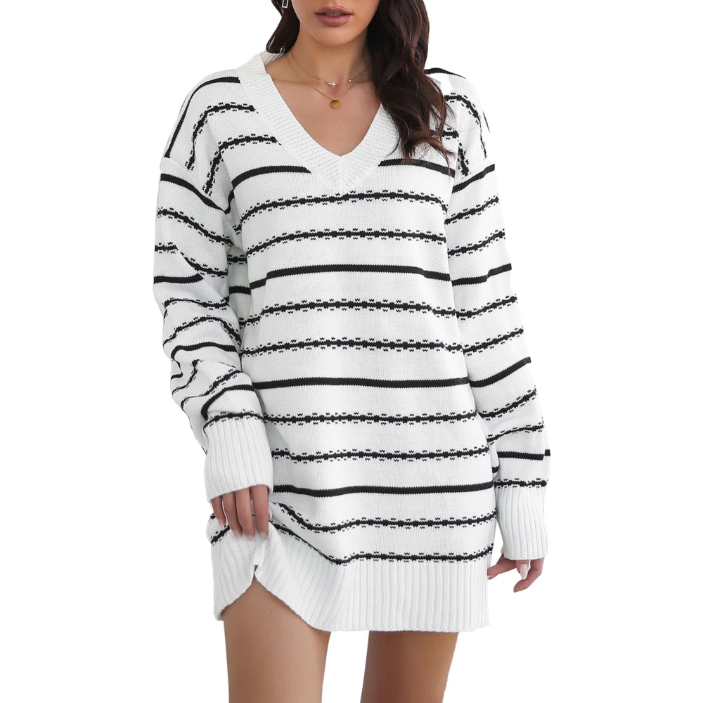 Dress Striped Long Sleeved V Neck Knit Loose Mini Casual Sweater Women Dress White and Black Black Stripes L