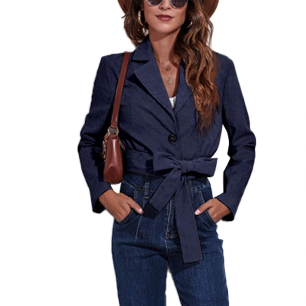 Women Short Jacket Corduroy Long Sleeve Button Front Turn Down Collar Shacket Coat with Belt Navy Blue S