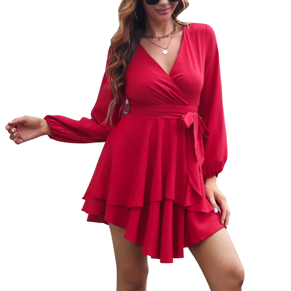 Woman Wrap V Neck Short Dress Long Sleeve Tie Waist Casual Ruffle Tired Hem Flowy Swing Mini Dress Wine Red XL