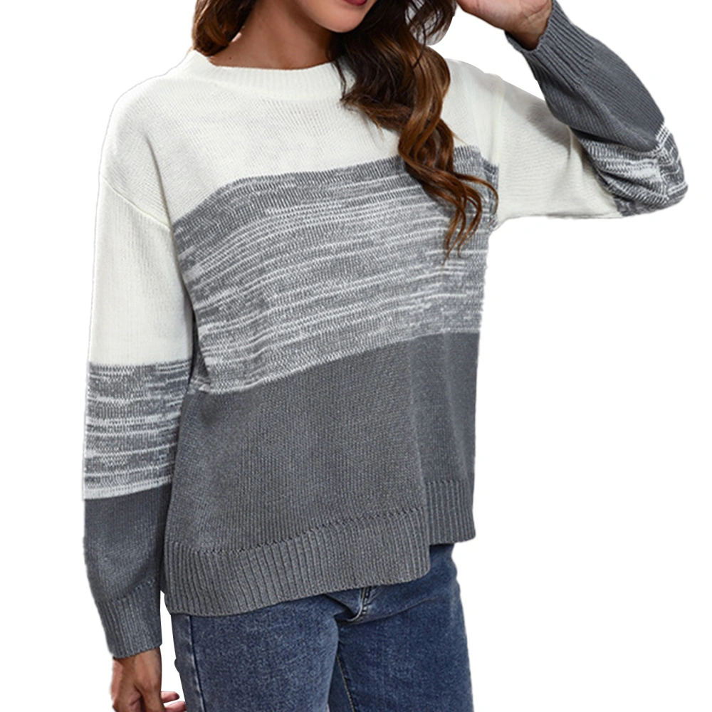 Women Sweater Drop Shoulder Crewneck Long Sleeve Gradient Pullover Top for Autunm Winter Grey M