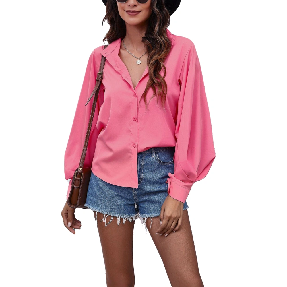 Collared Lantern Sleeve Blouse Top Women Pure Color V Neck Button Down Shirt for Daily Wear Rose Red L