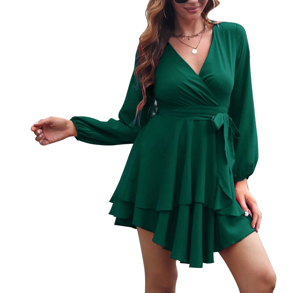 Woman Wrap V Neck Short Dress Long Sleeve Tie Waist Casual Ruffle Tired Hem Flowy Swing Mini Dress Dark Green L