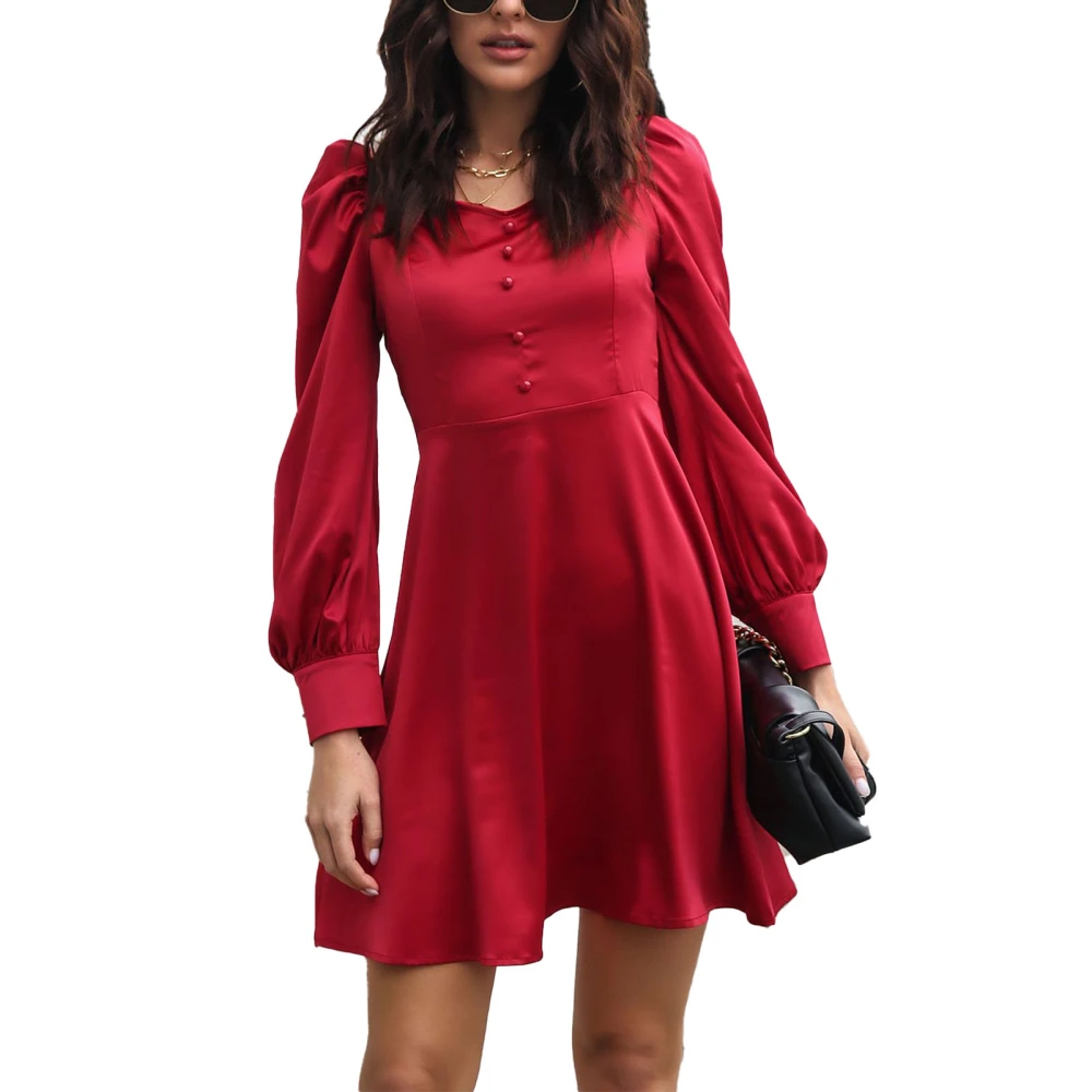 Dress Puff Long Sleeve V Neck Button Pure Color Fashionable Elegant Dress for Women Wine Red S