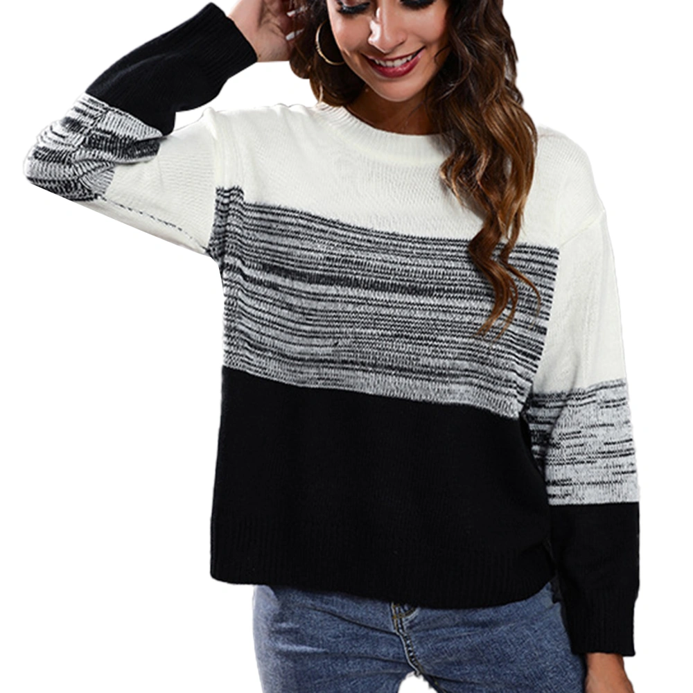 Women Sweater Drop Shoulder Crewneck Long Sleeve Gradient Pullover Top for Autunm Winter Black L