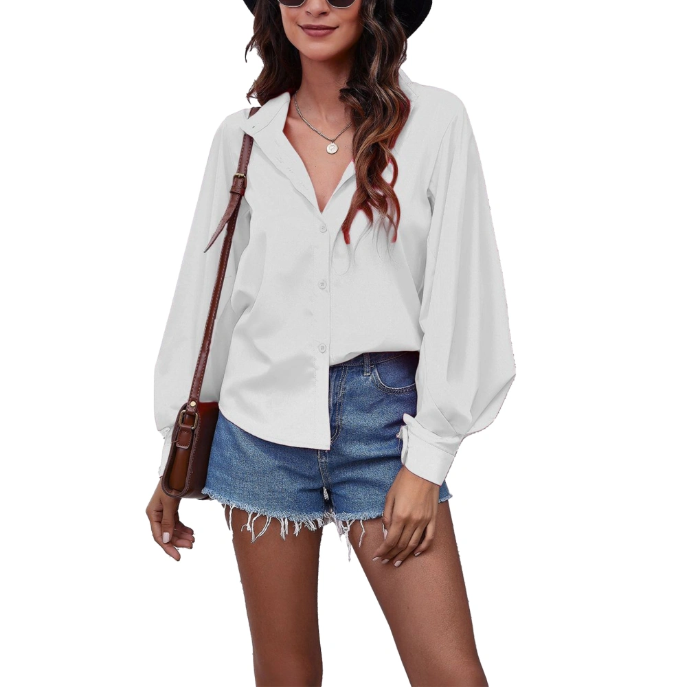 Collared Lantern Sleeve Blouse Top Women Pure Color V Neck Button Down Shirt for Daily Wear White L