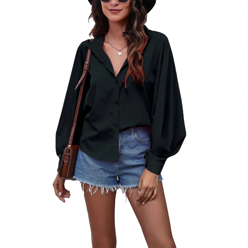 Collared Lantern Sleeve Blouse Top Women Pure Color V Neck Button Down Shirt for Daily Wear Black L