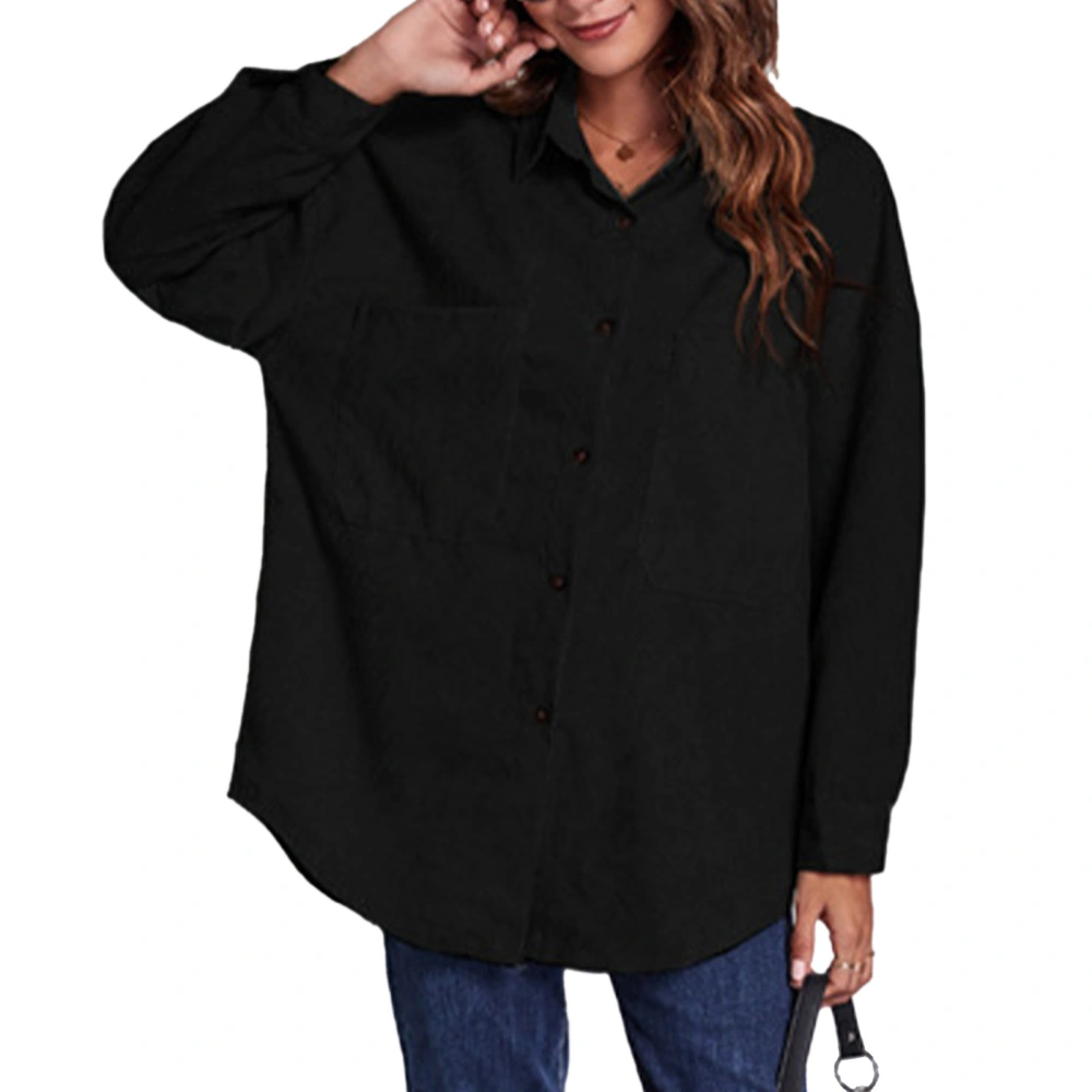 Women Loose Mid Length Shirt Corduroy Button Down Jacket Paneled Drop Shoulder Long Sleeve Coat Black L