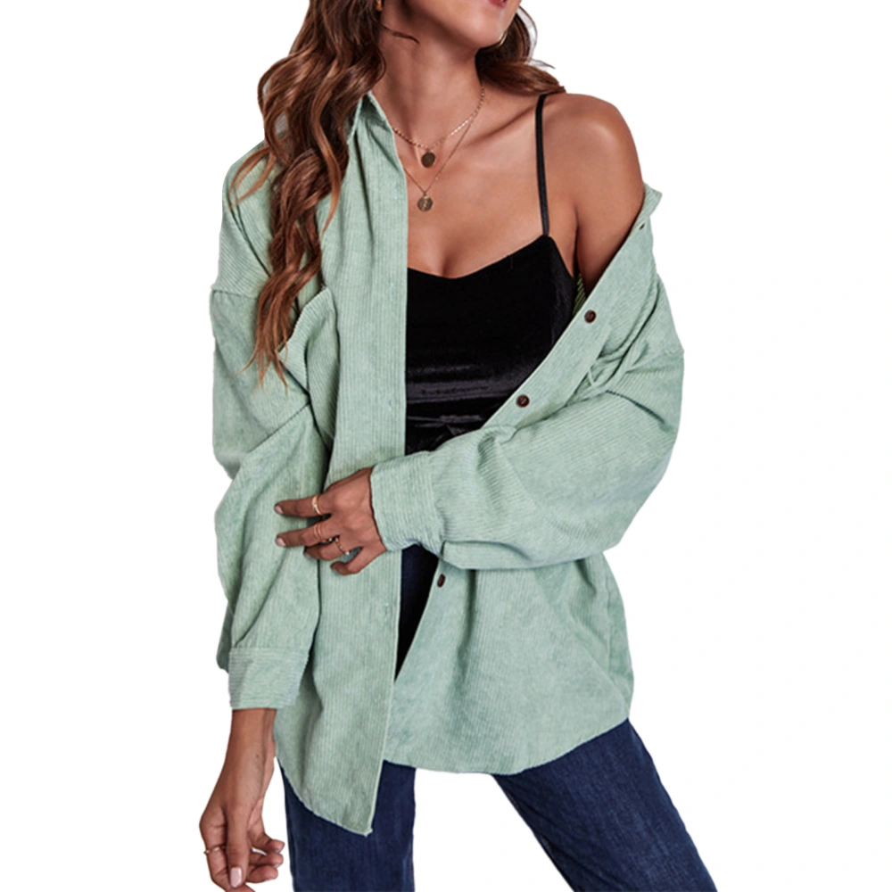 Women Loose Mid Length Shirt Corduroy Button Down Jacket Paneled Drop Shoulder Long Sleeve Coat Light Green M