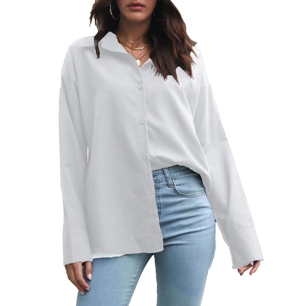 Women Button Down Shirt Pure Colour Loose Large Cuffs Women Long Sleeve V Neck Shirts for Party Work Casual White XL