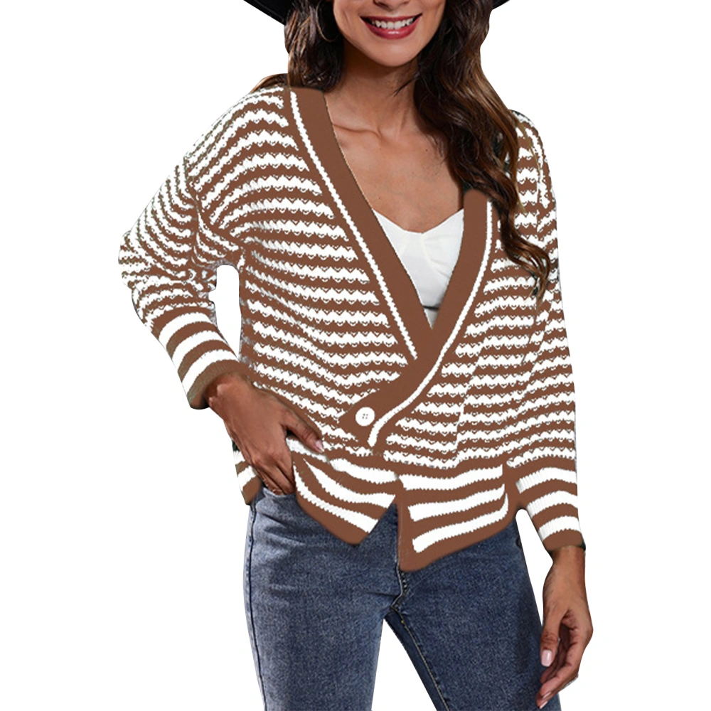 V Neck Long Sleeve Knit Cardigan Women Loose Casual Stylish Striped Button Cardigan Sweater for Daily Work Coffee Light Tan S