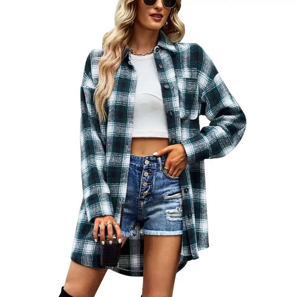 Autumn Winter Outwear Plaid Single Breasted Lapel Loose Casual Long Coat for Women Green S