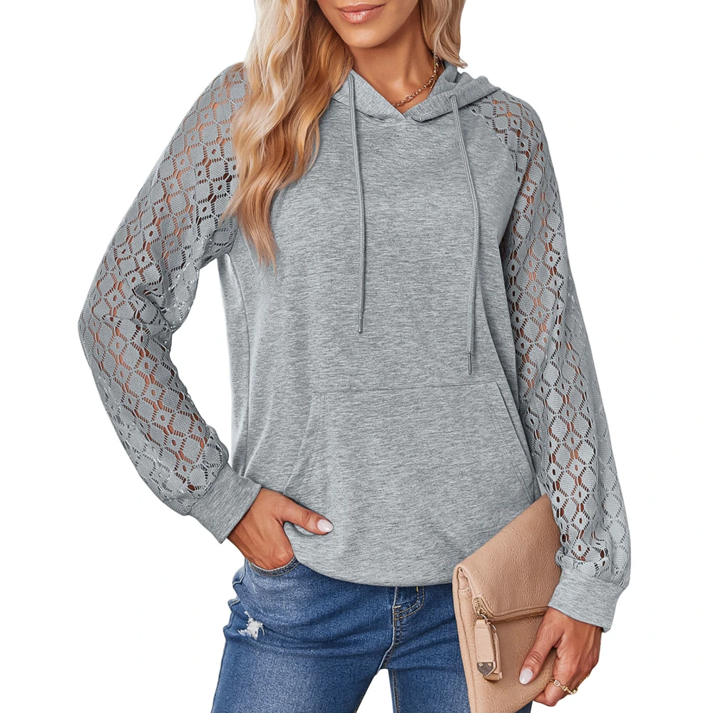 Hoodie Lace Long Sleeve Round Neck Drawstring Pullover Casual Fashionable Hoody for Women Light Gray L