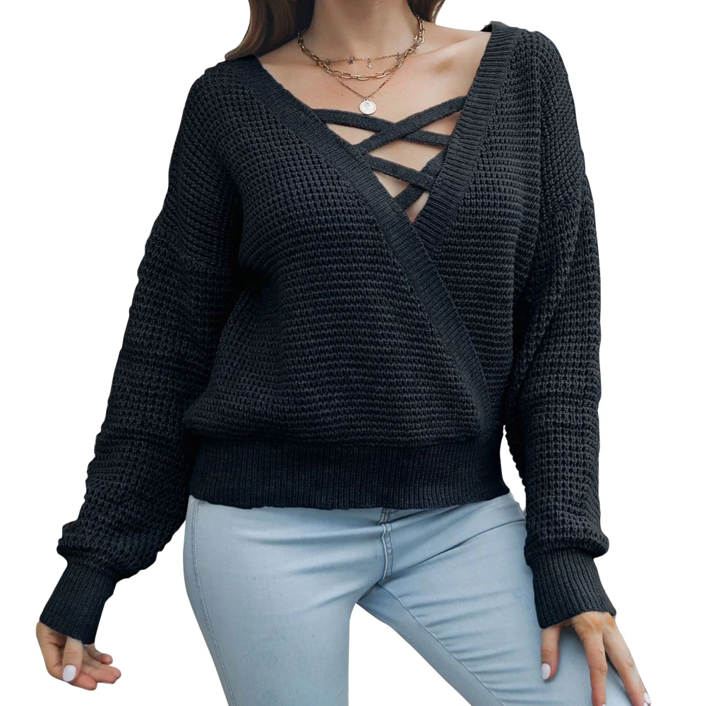 Woman Long Sleeve Sweater Deep Wrapped V Neck Criss Cross Knitted Pullover Tops Black S