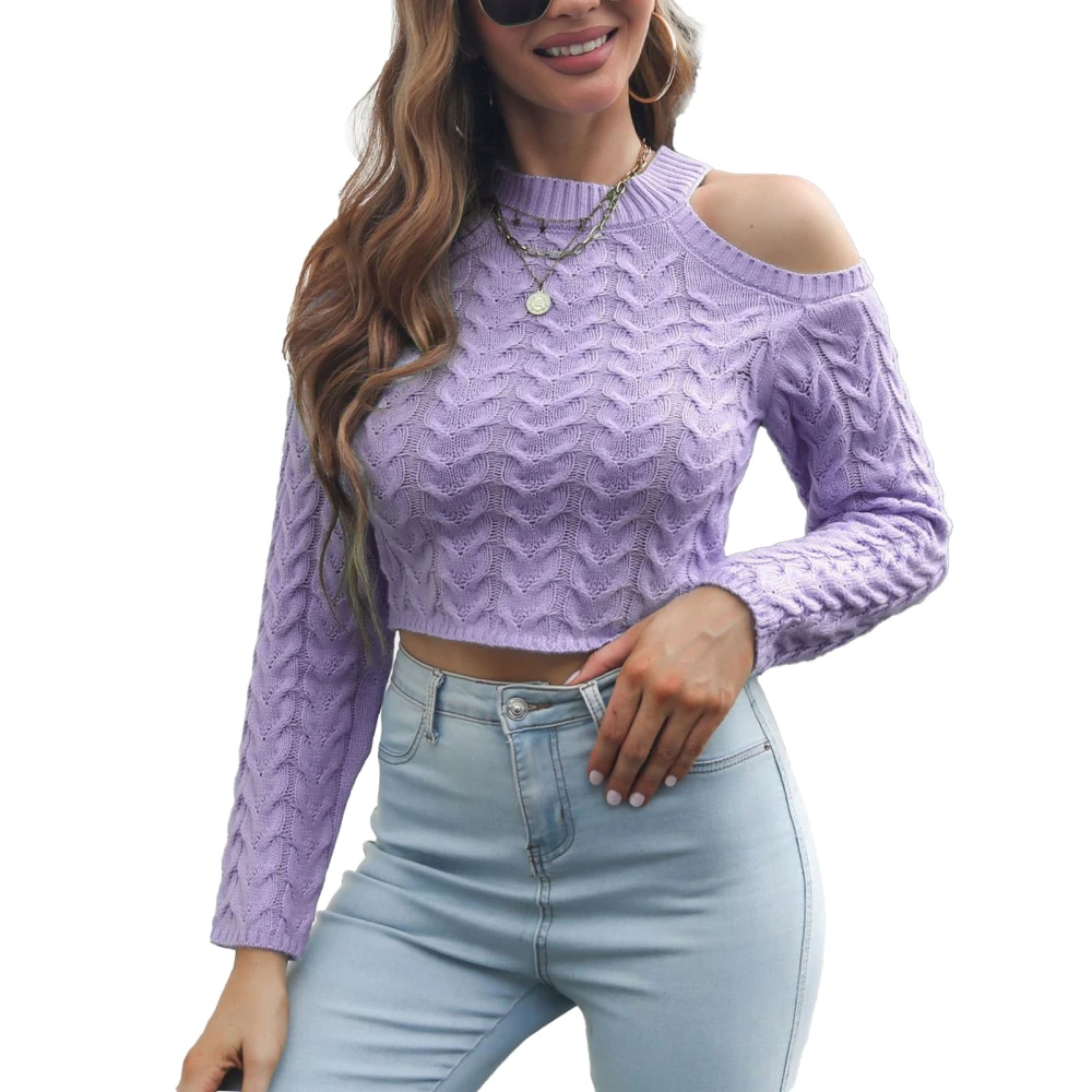 Herringbone Stitching Sweater Women Off Shoulder Cropped Sweater Long Sleeve Knit Pullover Sweater for Autumn Winter Light Purple S