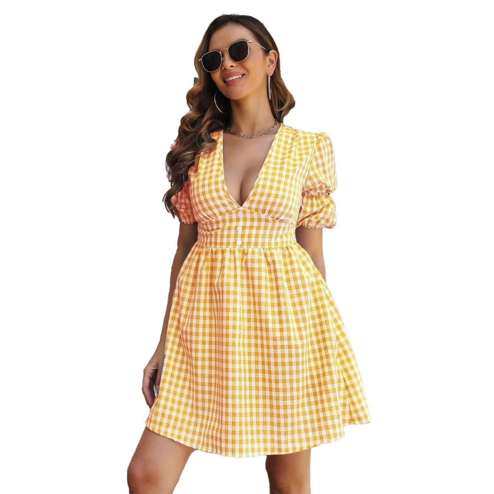 Plaid Dress Deep V Neck Puff Short Sleeve A Line Fashionable Casual Dress for Women Yellow Plaid L