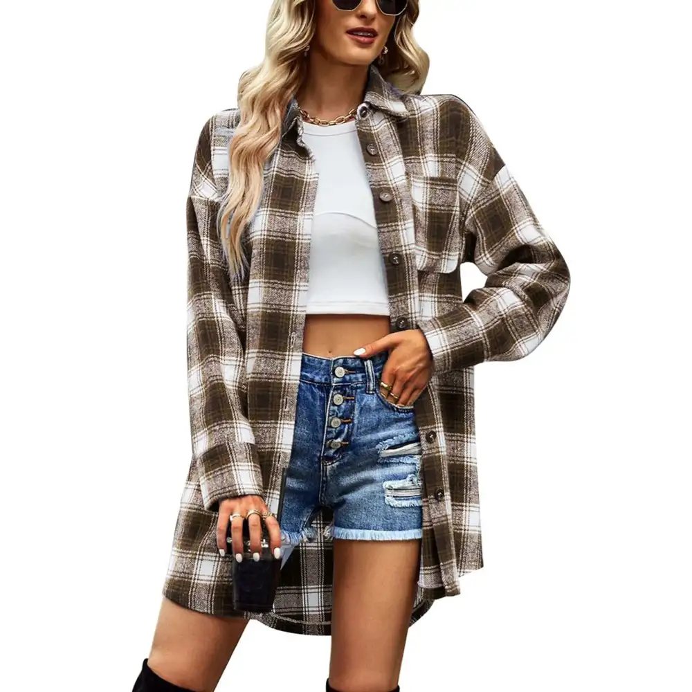 Autumn Winter Outwear Plaid Single Breasted Lapel Loose Casual Long Coat for Women Khaki M