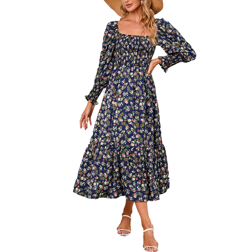 Women Long Dress Square Neck Shirred Dress Long Sleeve Floral Print Dress Ruffle Hem Dress Navy Blue S