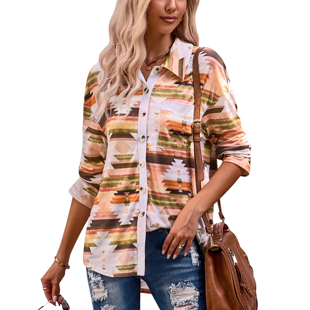 Casual Fit Shirt Women Turn Down Collar Button Down Pattern Print Long Sleeves Loose Fit Top Yellow S