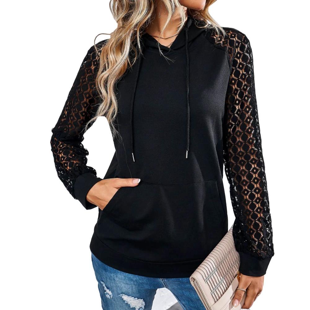 Hoodie Lace Long Sleeve Round Neck Drawstring Pullover Casual Fashionable Hoody for Women Black S