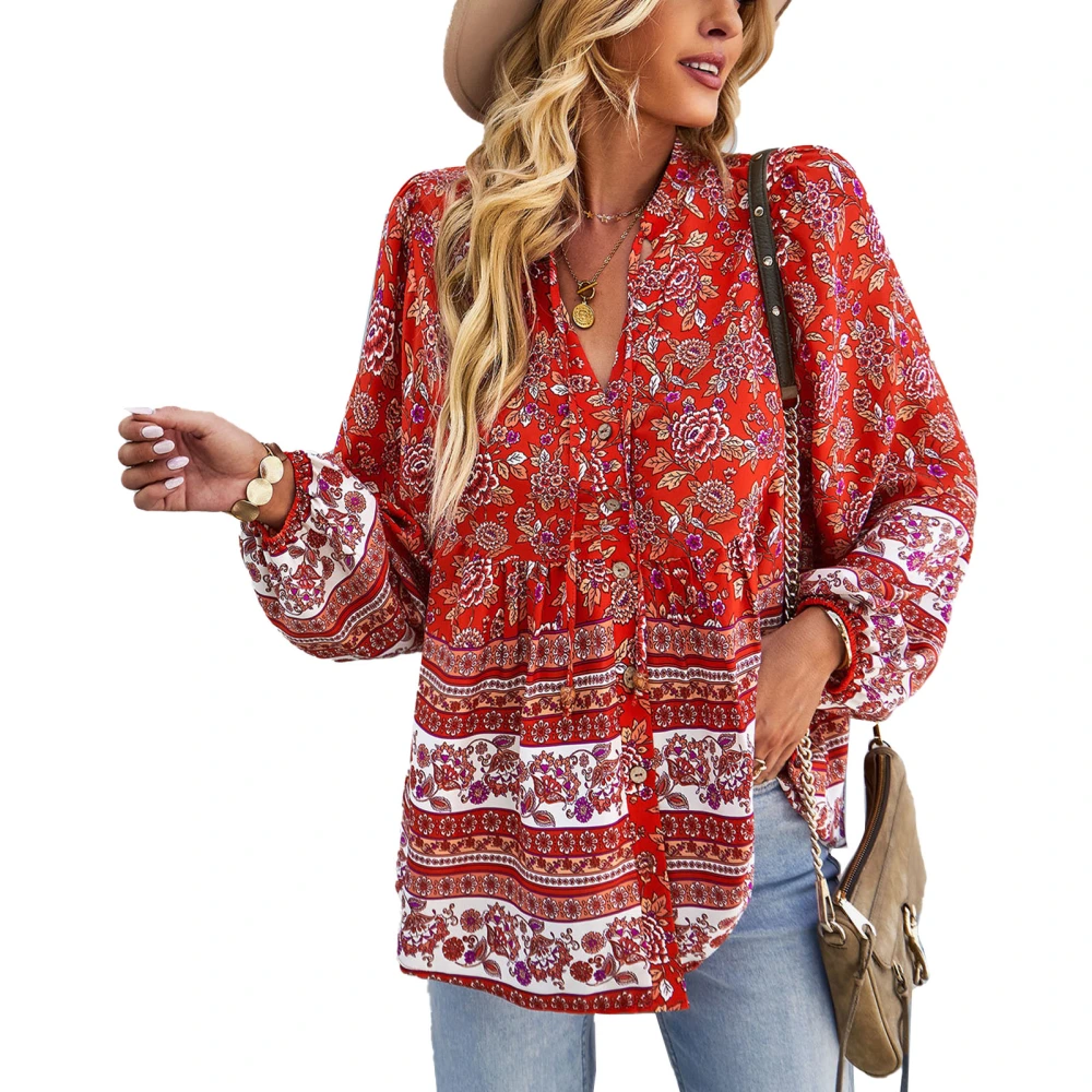 Women Casual Boho Shirts Floral Print Button Down V Neck Long Sleeve Drawstring Loose Flowy Tops Blouses Red XL