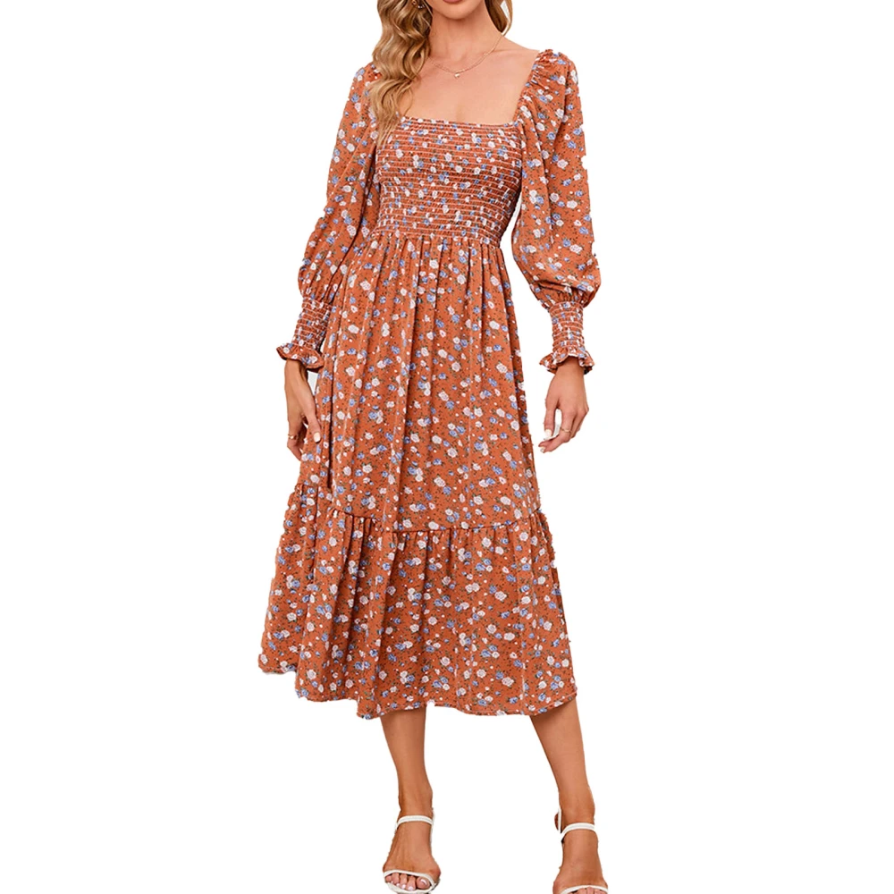 Women Long Dress Square Neck Shirred Dress Long Sleeve Floral Print Dress Ruffle Hem Dress Orange S