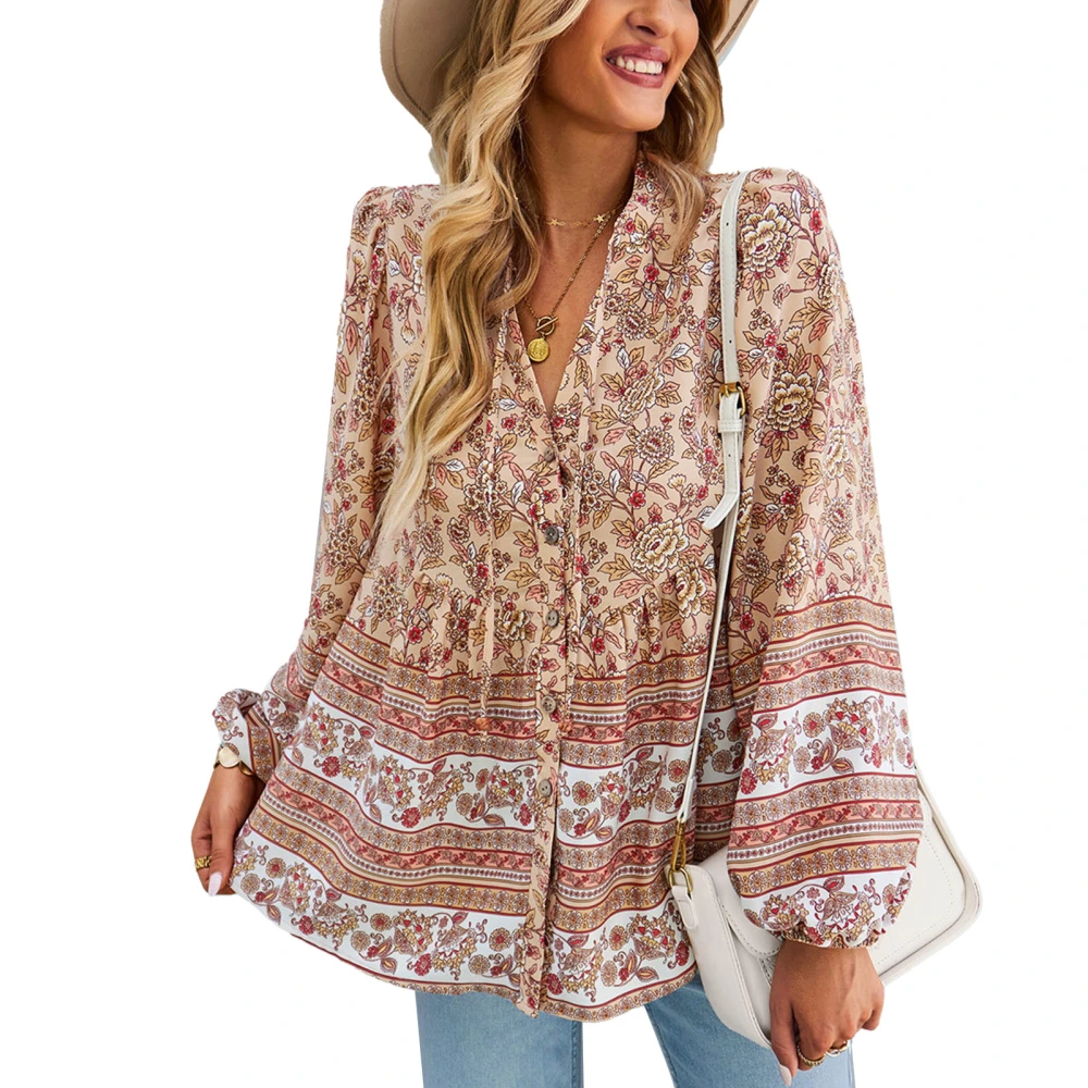 Women Casual Boho Shirts Floral Print Button Down V Neck Long Sleeve Drawstring Loose Flowy Tops Blouses Khaki L