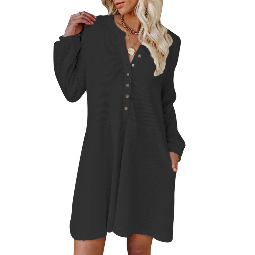 Dress Puff Long Sleeve V Neck Button Pure Color Pocket Loose Hem Casual Dress for Women Black XL