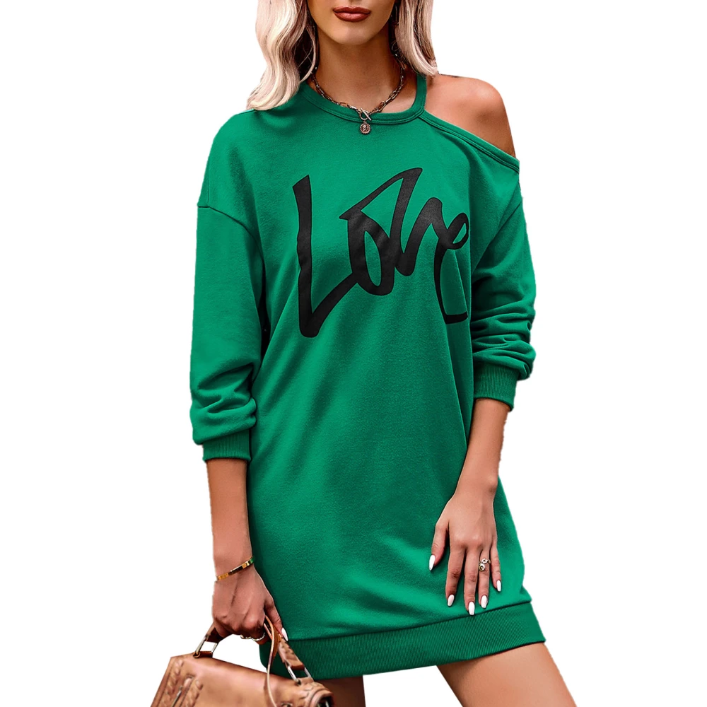 Sweatshirt Dress One Shoulder Long Sleeve Round Neck Printing Casual Hoodie Dress for Women Green L