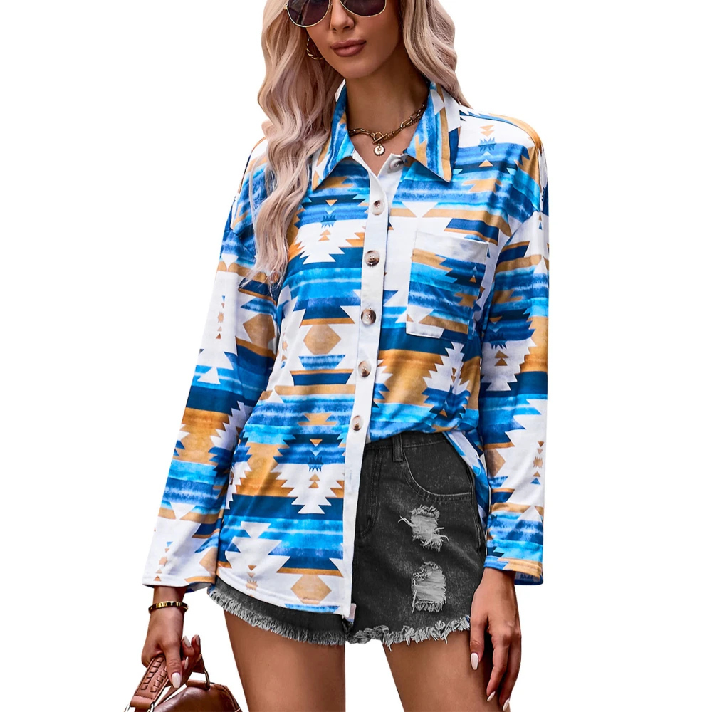 Casual Fit Shirt Women Turn Down Collar Button Down Pattern Print Long Sleeves Loose Fit Top Blue L