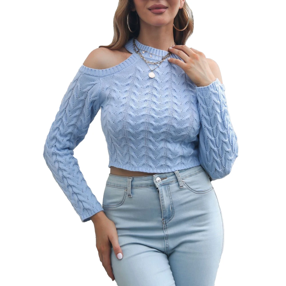 Herringbone Stitching Sweater Women Off Shoulder Cropped Sweater Long Sleeve Knit Pullover Sweater for Autumn Winter Light Blue L