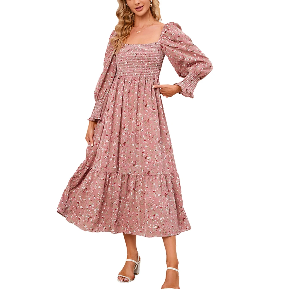 Women Long Dress Square Neck Shirred Dress Long Sleeve Floral Print Dress Ruffle Hem Dress Pink M