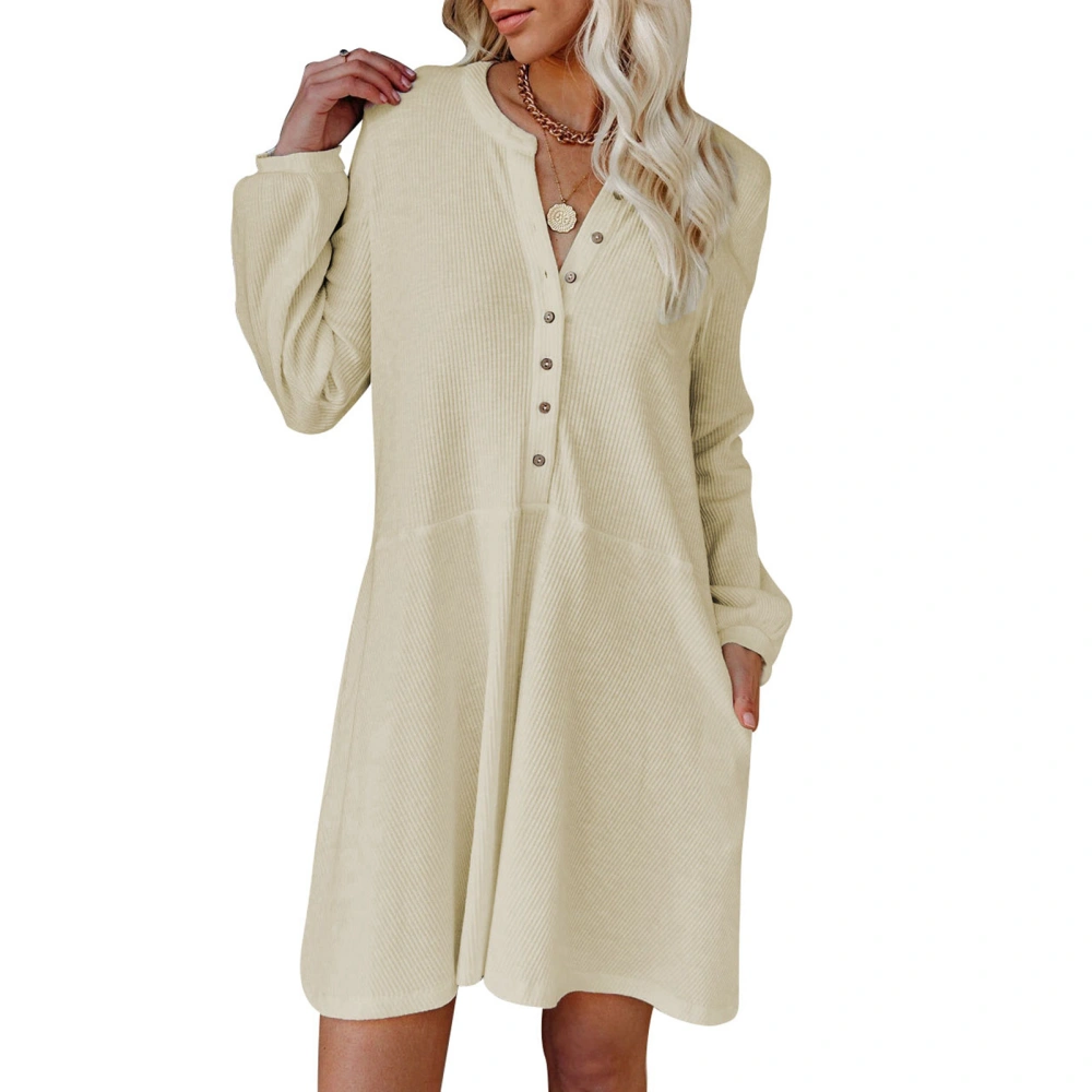 Dress Puff Long Sleeve V Neck Button Pure Color Pocket Loose Hem Casual Dress for Women Apricot S