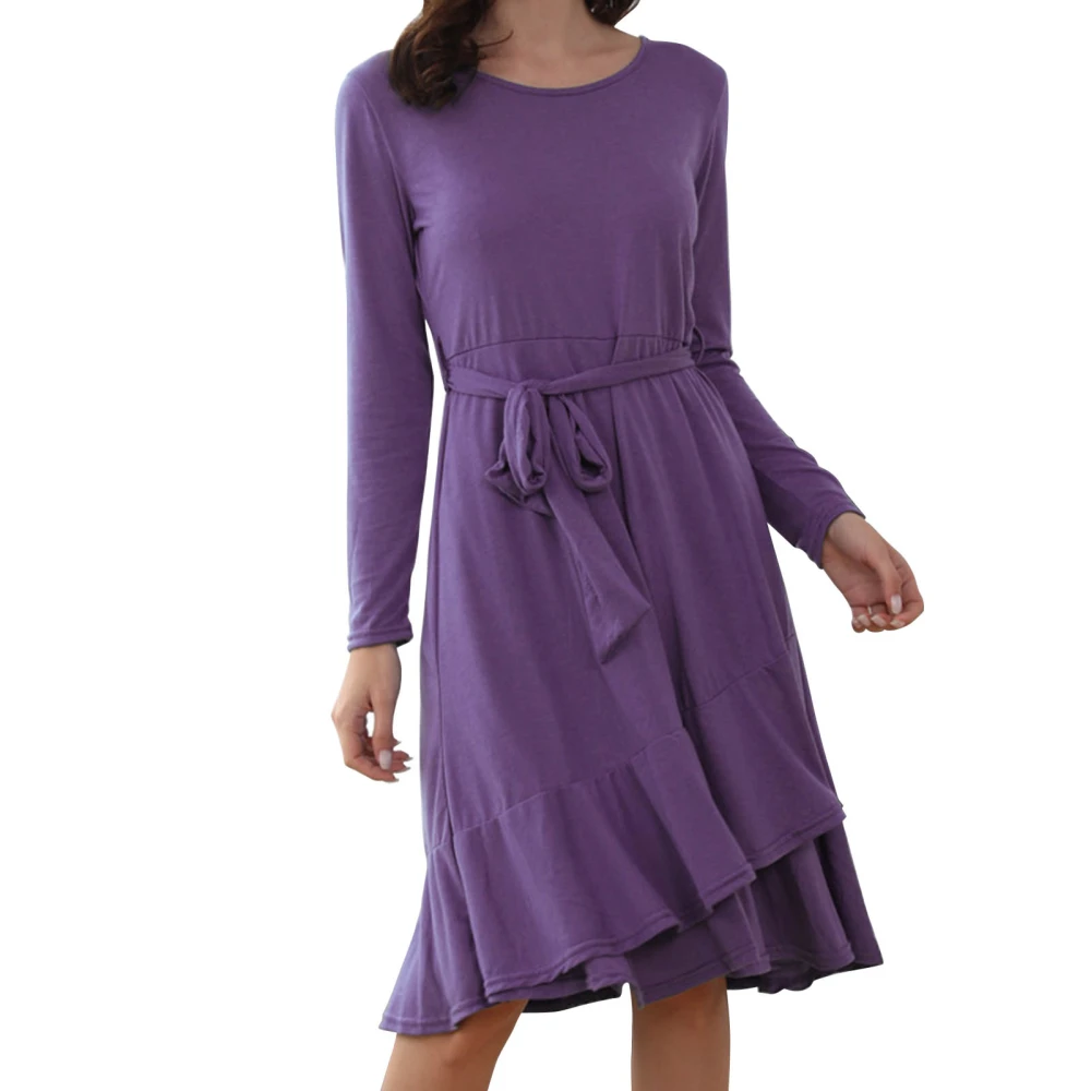 Dress Long Sleeve Round Neck Tie Waist Irregular Flounces Hem Pure Color Dress for Women Purple S