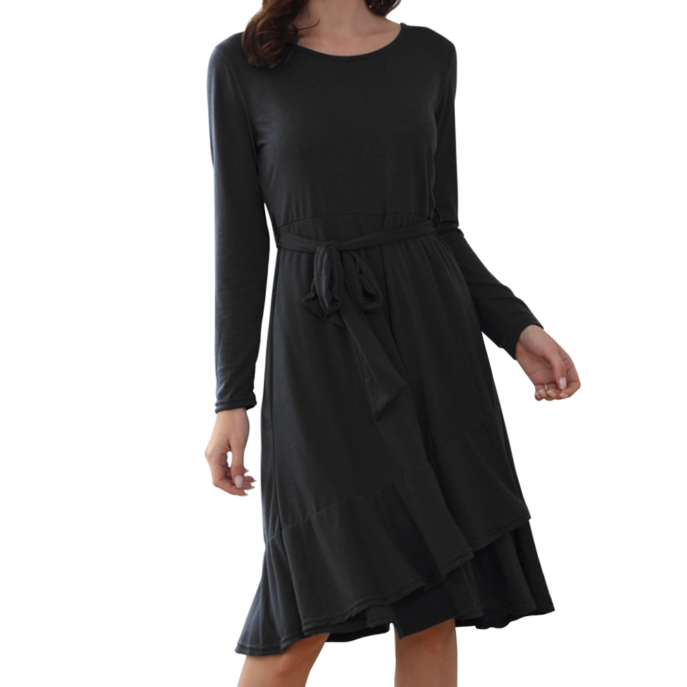 Dress Long Sleeve Round Neck Tie Waist Irregular Flounces Hem Pure Color Dress for Women Black L