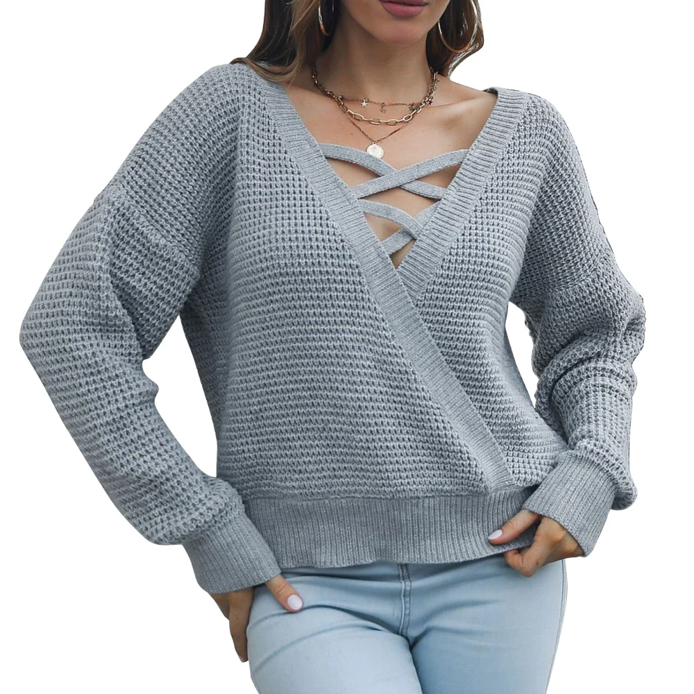 Woman Long Sleeve Sweater Deep Wrapped V Neck Criss Cross Knitted Pullover Tops Grey S